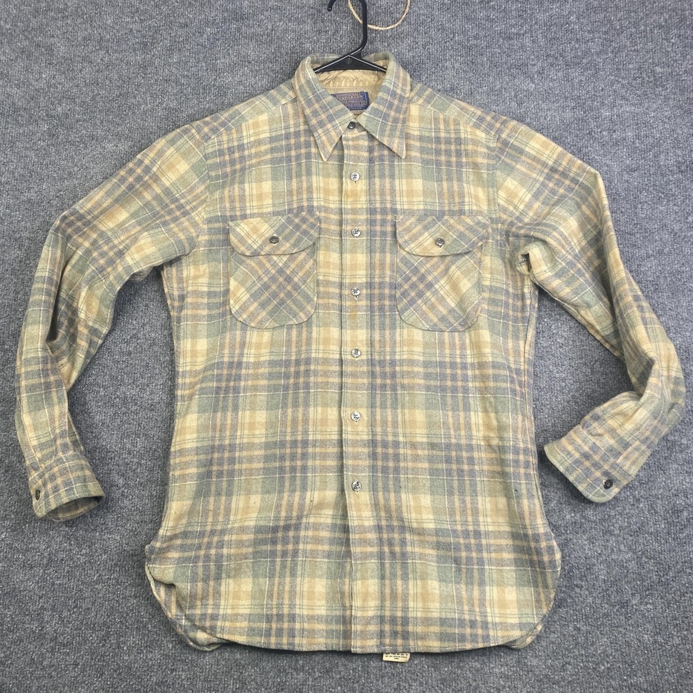 Vintage Pendleton Shirt Mens Medium Tan Blue Plaid Flannel Wool Made USA 60s
